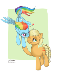 Size: 2755x3444 | Tagged: safe, artist:caulfieldsprice, derpibooru import, applejack, rainbow dash, earth pony, pegasus, pony, the last problem, apple, appledash, cutie mark, female, floating heart, food, heart, lesbian, lesbian dash, love, meme, older, older applejack, older rainbow dash, one eye closed, otp, pairings, rainbow, ship, shipping, wings