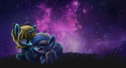 Size: 1980x1080 | Tagged: safe, artist:ravistdash, derpibooru exclusive, derpibooru import, oc, oc only, oc:diamonody, oc:ravist, pegasus, pony, unicorn, couple, looking at each other, lying, night, wallpaper