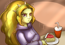 Size: 1200x820 | Tagged: safe, artist:gabbslines, adagio dazzle, equestria girls, beverage, cake, chair, cheesecake, clothes, cup, dessert, hoodie, plate, sitting, solo, straw, table