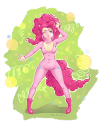 Size: 1600x2034 | Tagged: safe, artist:amaterassa, pinkie pie, human, bubblegum, catsuit, eared humanization, food, gum, humanized, looking at you, solo, tailed humanization