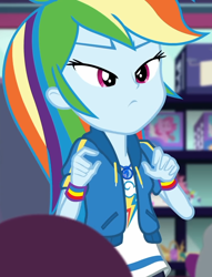 Size: 826x1080 | Tagged: safe, derpibooru import, screencap, rainbow dash, better together, equestria girls, holidays unwrapped, canterlot mall, clothes, cloud, cropped, dashing through the mall, female, geode of super speed, jacket, jewelry, lidded eyes, magical geodes, merchandise, necklace, rainbow, shirt, short sleeves, store, stuffed animals, t-shirt, thunderbolt, unamused, wristband