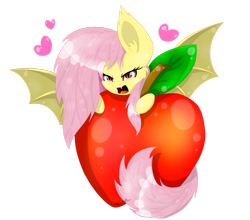 Size: 1024x900 | Tagged: dead source, safe, artist:themagicfantasy, fluttershy, bat pony, pony, apple, flutterbat, food, heart, race swap, simple background, solo, transparent background