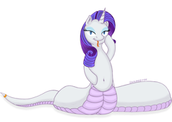 Size: 1216x861 | Tagged: safe, artist:devittshao, rarity, lamia, original species, female, forked tongue, lamiafied, solo, species swap, tail ring, tongue out