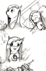 Size: 546x841 | Tagged: safe, artist:dreamingnoctis, pinkie pie, earth pony, pony, fanfic:asylum, asylum, fanfic, fanfic art, grayscale, monochrome, pinkamena diane pie, sad, smiling, solo