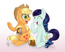 Size: 2000x1600 | Tagged: safe, artist:notenoughapples, applejack, coloratura, earth pony, pony, apple cider, commission, drinking, food, mug, rara