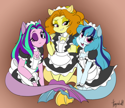 Size: 1024x886 | Tagged: safe, artist:queentigrel, adagio dazzle, aria blaze, sonata dusk, anthro, siren, equestria girls, rainbow rocks, breasts, cleavage, clothes, cute, female, looking at you, maid, the dazzlings, trio