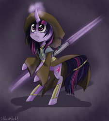 Size: 900x1000 | Tagged: safe, artist:silbersternenlicht, derpibooru import, twilight sparkle, jedi, lightsaber, star wars