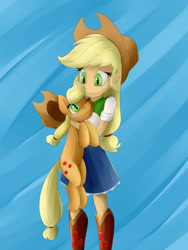 Size: 1024x1365 | Tagged: safe, artist:megagibs, applejack, pony, equestria girls, cute, holding a pony, hug, human ponidox, jackabetes, smiling, square crossover, tiny ponies