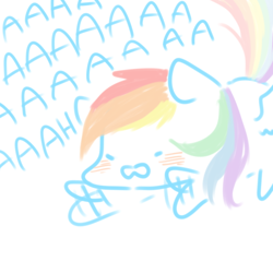 Size: 550x550 | Tagged: safe, artist:shining-dog, derpibooru import, rainbow dash, pegasus, pony, aaaaaaaaaa, blushing, cute, dashabetes, motion lines, open mouth, partial color, prone, simple background, solo, white background