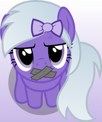 Size: 1055x1261 | Tagged: safe, artist:badumsquish, derpibooru exclusive, part of a set, oc, oc only, oc:comment, pony, angry, badumsquish's kitties, cross-popping veins, denied, derpibooru, derpibooru ponified, duct tape, female, frown, gag, glare, gradient background, grumpy, high angle, looking at you, looking up, mare, meta, ponified, pure unfiltered evil, silence, sitting, smiling, solo, tape gag, vein bulge
