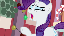 Size: 1280x720 | Tagged: safe, screencap, rarity, pony, unicorn, the great escape room, eyes closed, female, mare, open mouth, raised hoof, solo, underhoof