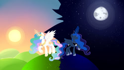 Size: 1024x576 | Tagged: safe, artist:artistofthegeeks, derpibooru import, princess celestia, princess luna, alicorn, pony, cutie mark, day, duality, duo, female, glowing horn, hill, horn, jewelry, magic, moon, night, regalia, spread wings, stars, sun, wallpaper, wings