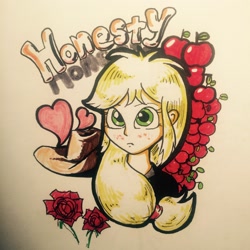 Size: 2448x2448 | Tagged: safe, artist:slackrpony, applejack, human, apple, flower, food, humanized, pixiv, rose, solo, traditional art