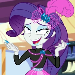 Size: 936x937 | Tagged: safe, edit, edited screencap, screencap, rarity, better together, display of affection, equestria girls, clothes, drug use, drugs, faic, jewelry, majestic as fuck, parody, syringe