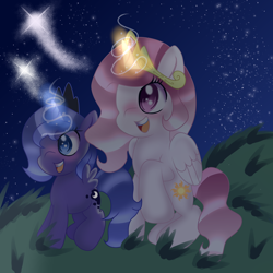 Size: 2048x2048 | Tagged: safe, artist:doraeartdreams-aspy, princess celestia, princess luna, alicorn, pony, crown, female, filly, glowing horn, grass, hill, jewelry, magic, regalia, younger