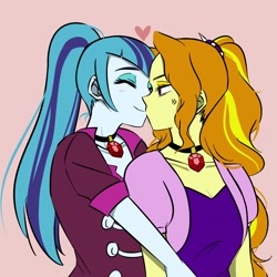 Size: 1000x1000 | Tagged: safe, artist:raika0306, adagio dazzle, sonata dusk, equestria girls, blushing, caress, cross-popping veins, cute, female, heart, kissing, lesbian, shipping, sonagio