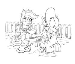 Size: 1100x947 | Tagged: safe, artist:dacaoo, derpibooru import, opalescence, rainbow dash, rarity, pegasus, pony, unicorn, cup, female, food, lesbian, magic, monochrome, raridash, shipping, sitting, talking, tea, teacup