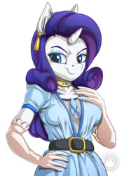 Size: 955x1351 | Tagged: safe, artist:mysticalpha, rarity, anthro, unicorn, breasts, bust, clothes, dress, ear fluff, ear piercing, evening gloves, female, gloves, jewelry, long gloves, looking at you, mare, necklace, piercing, portrait, smiling, smirk, solo