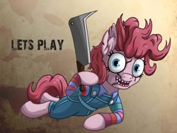 Size: 1500x1125 | Tagged: safe, artist:starbat, pinkie pie, earth pony, pony, child's play, chucky, crossover, female, halloween, knife, mare, solo