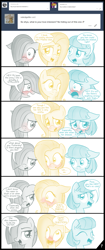 Size: 807x1920 | Tagged: safe, artist:thealjavis, coco pommel, fluttershy, marble pie, pegasus, pony, ask the shy-tri, blushing, colored pupils, comic, dialogue, female, implied big macintosh, implied flutterpie, implied marblemac, implied marshmallow coco, implied pinkie pie, implied rarity, implied shipping, lesbian, looking at you, male, open mouth, simple background, speech bubble, straight, the council of shy ponies, trio, tumblr, white background