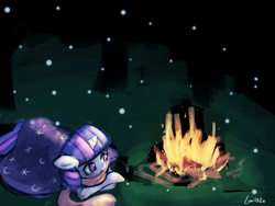 Size: 960x720 | Tagged: safe, artist:lumineko, derpibooru import, twilight sparkle, 30 minute art challenge, campfire, clothes, cold, fire, scarf, snow, snowfall, solo