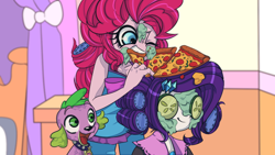 Size: 1000x562 | Tagged: safe, artist:setoya, pinkie pie, rarity, spike, dog, equestria girls, cucumber, eating, food, hair curlers, mud mask, pizza, spike the dog