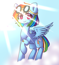 Size: 766x839 | Tagged: safe, artist:paintpalet35, artist:windymils, derpibooru import, rainbow dash, pegasus, pony, collaboration, bandaid, cloud, crepuscular rays, cute, dashabetes, female, goggles, mare, on a cloud, solo