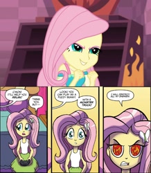 Size: 1786x2048 | Tagged: safe, idw, screencap, fluttershy, a fine line, better together, equestria girls, spoiler:comic, spoiler:comicholiday2014, angry, beware the quiet ones, comparison, continuity, crossing the memes, cute, destroy all enemies, evil grin, eye, eyes, fire, flame eyes, fluttershy's revenge, gamershy, grin, headcanon in the description, meme, pure unfiltered evil, shyabetes, smiling, this will end in tears, video game, wingding eyes