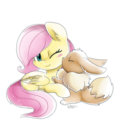 Size: 2030x2286 | Tagged: safe, artist:pridark, fluttershy, pegasus, pony, blushing, cute, duo, eevee, hnnng, one eye closed, pokémon, shyabetes, simple background, white background