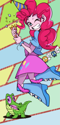 Size: 577x1200 | Tagged: safe, artist:setoya, gummy, pinkie pie, human, parasprite, equestria girls, cute, diapinkes, female, hat, jumping, one eye closed, party hat, party popper, smiling, solo, wink
