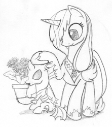 Size: 585x661 | Tagged: safe, artist:midwestbrony, applejack, alicorn, changeling, pony, /mlp/, 4chan, applecorn, monochrome, petting, plant, potted plant, princess, princessified, race swap, traditional art