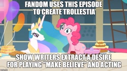 Size: 889x499 | Tagged: safe, edit, edited screencap, screencap, pinkie pie, princess celestia, alicorn, earth pony, pony, a bird in the hoof, horse play, balloon, cake, food, image macro, meme