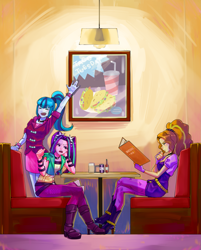 Size: 1807x2250 | Tagged: safe, artist:shichiro, adagio dazzle, aria blaze, sonata dusk, equestria girls, rainbow rocks, booth, clothes, condiments, cute, diner, happy, menu, pixiv, restaurant, sonatabetes, table, taco tuesday, the dazzlings, waving