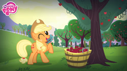 Size: 1920x1080 | Tagged: safe, derpibooru import, applejack, earth pony, pony, apple, apple tree, bucket, female, food, looking at you, mare, one eye closed, open mouth, orchard, smiling, solo, sweet apple acres, tree, wallpaper, wink