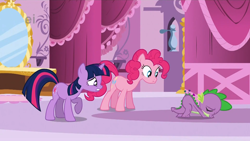 Size: 1680x946 | Tagged: safe, derpibooru import, screencap, pinkie pie, spike, twilight sparkle, unicorn twilight, dragon, earth pony, pony, unicorn, green isn't your color, female, male, mare, out of context, pincushion, pincushion spike, pins, plot, trio