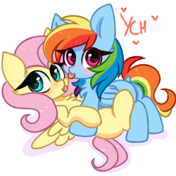 Size: 3000x3000 | Tagged: safe, artist:pesty_skillengton, derpibooru import, fluttershy, rainbow dash, pegasus, pony, :p, blushing, chibi, commission, cute, female, flutterdash, lesbian, looking at you, shipping, tongue out, ych example, your character here