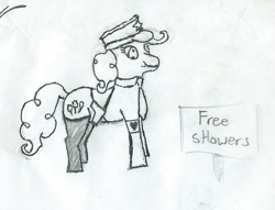 Size: 945x722 | Tagged: safe, pinkie pie, earth pony, pony, clothes, dictator, female, gun, holocaust joke, implied golden shower, leader, mare, monochrome, sketch, solo, stockings, weapon