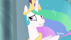 Size: 1920x1080 | Tagged: safe, screencap, princess celestia, alicorn, pony, horse play, discovery family logo, female, horn, mare, multicolored mane, solo, white coat