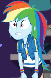 Size: 597x910 | Tagged: safe, derpibooru import, screencap, rainbow dash, better together, equestria girls, holidays unwrapped, angry, canterlot mall, clothes, cloud, cropped, cute, dashabetes, dashing through the mall, female, fist, geode of super speed, hoodie, jacket, jewelry, magical geodes, merchandise, necklace, pants, pockets, rainbow, shirt, short sleeves, store, t-shirt, talking, thunderbolt, unamused, wristband