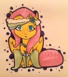 Size: 1024x1161 | Tagged: safe, artist:oneiria-fylakas, fluttershy, pegasus, pony, chibi, clothes, dress, sitting, solo, traditional art