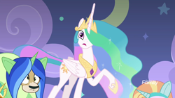 Size: 1920x1080 | Tagged: safe, screencap, princess celestia, silverstream, yona, alicorn, pony, yak, horse play, cute, cutelestia, discovery family logo, female, hoof shoes, jewelry, mare, open mouth, peytral, raised hoof, regalia