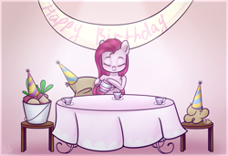 Size: 2345x1605 | Tagged: safe, artist:mp-printer, madame leflour, mr. turnip, pinkie pie, sir lintsalot, earth pony, pony, party of one, eyes closed, gradient background, hat, party hat, pinkamena diane pie, scene interpretation, smiling, solo, table, teacup, teapot