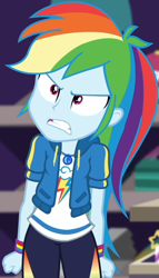 Size: 512x895 | Tagged: safe, derpibooru import, screencap, rainbow dash, better together, equestria girls, holidays unwrapped, angry, canterlot mall, clothes, cloud, cropped, cute, dashabetes, dashing through the mall, female, fist, hoodie, jacket, jewelry, merchandise, necklace, pants, pockets, rainbow, shirt, short sleeves, solo, store, t-shirt, talking, thunderbolt, unamused, wristband