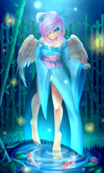 Size: 1200x2000 | Tagged: safe, artist:x-piiu, fluttershy, anthro, unguligrade anthro, bamboo, breasts, clothes, eyeshadow, female, hootershy, kimono (clothing), koi, lidded eyes, makeup, night, pond, smiling, solo