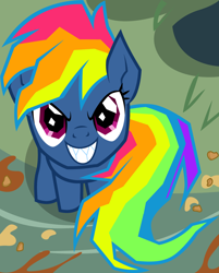 Size: 1332x1655 | Tagged: safe, artist:badumsquish, derpibooru exclusive, derpibooru import, part of a set, evil pie hater dash, rainbow dash, pegasus, pony, secrets and pies, >:d, adorapiehater, badumsquish's kitties, cute, dashabetes, evil, evil grin, female, food, frown, grin, looking at you, looking up, mess, pie, pure unfiltered evil, sharp teeth, show accurate, sitting, smiling, solo, splatter, teeth