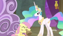 Size: 1920x1080 | Tagged: safe, screencap, fluttershy, princess celestia, alicorn, pegasus, pony, horse play, discovery family logo, hyperventilating