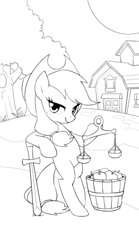 Size: 350x630 | Tagged: safe, artist:bartolomeus_, applejack, earth pony, pony, apple, black and white, food, grayscale, justice, justitia, lady justice (goddess), lineart, monochrome, scales, scales of justice, solo, sword, tarot card, weapon, wip
