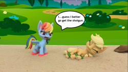 Size: 1231x692 | Tagged: safe, derpibooru import, edit, edited screencap, screencap, applejack, rainbow dash, earth pony, pegasus, pony, my little pony: pony life, my little pony: stop motion short, volleyball game between rainbow dash and applejack, applejack's hat, backwards cutie mark, cowboy hat, hat, rainbow douche, sand, stop motion, text