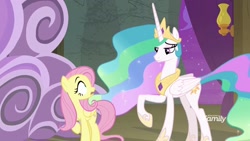 Size: 1920x1080 | Tagged: safe, screencap, fluttershy, princess celestia, alicorn, pegasus, pony, horse play, discovery family logo