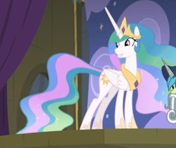 Size: 1039x871 | Tagged: safe, screencap, princess celestia, alicorn, pony, horse play, cropped, discovery family logo, ethereal mane, female, mare, solo focus